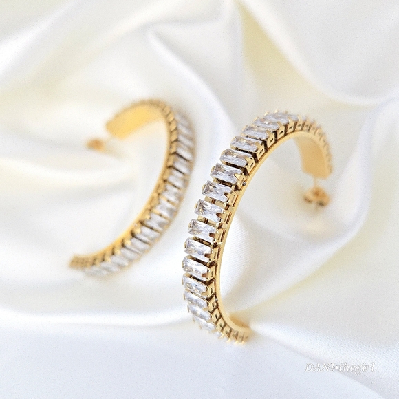 NEW Gold Tone Emerald Cut CZ Diamond Hoop Earrings - Picture 7 of 7